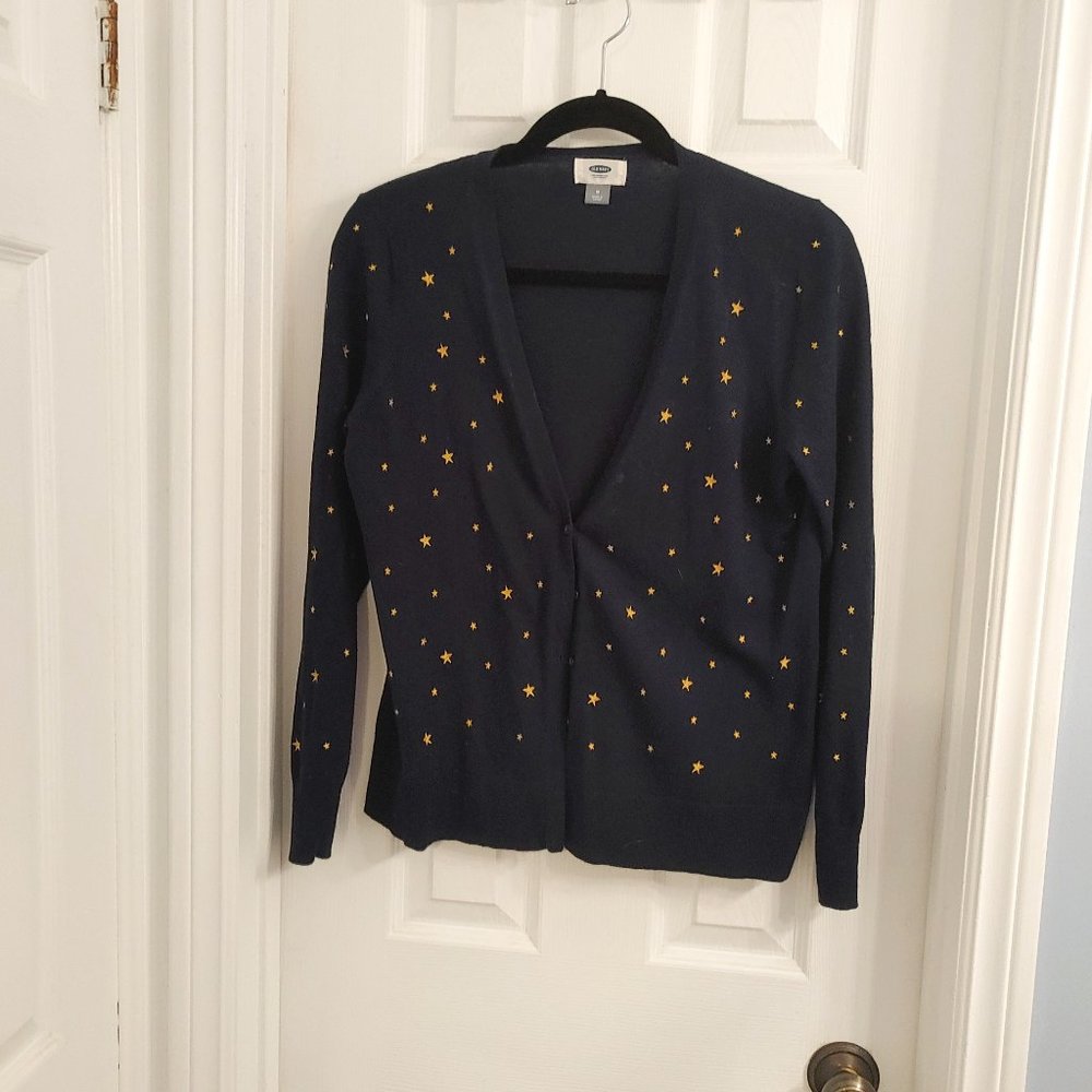 Old Navy Embroided Gold Star Navy Blue button up Cardigan